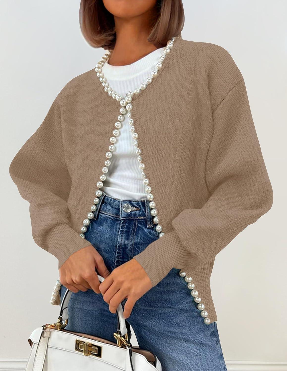 imageZESICA Womens Open Front Cardigan Sweater 2026 Spring Casual Knitted Long Sleeve Pearls Trim Outerwear Coat Trendy ClothesKhaki