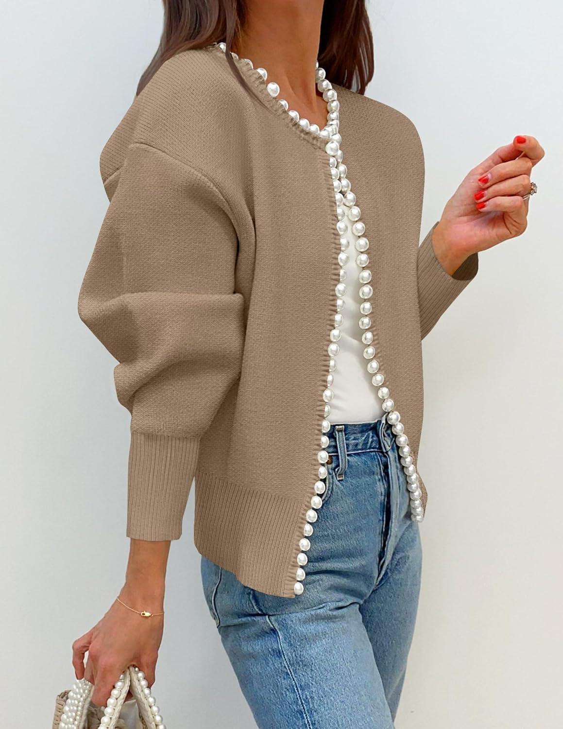 imageZESICA Womens Open Front Cardigan Sweater 2026 Spring Casual Knitted Long Sleeve Pearls Trim Outerwear Coat Trendy ClothesKhaki