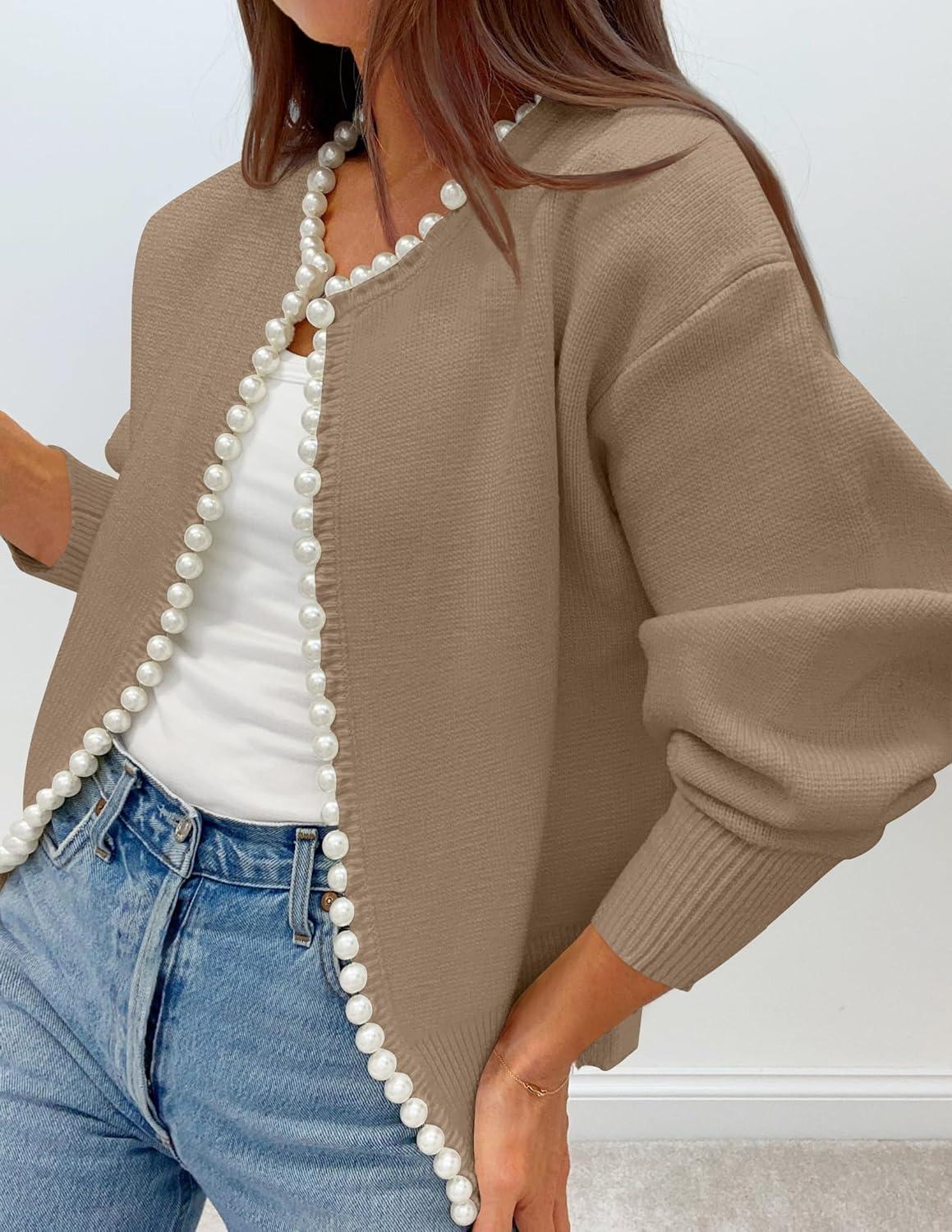 imageZESICA Womens Open Front Cardigan Sweater 2026 Spring Casual Knitted Long Sleeve Pearls Trim Outerwear Coat Trendy ClothesKhaki