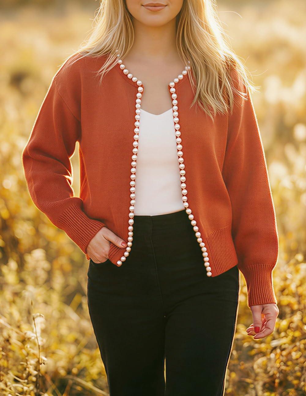 imageZESICA Womens Open Front Cardigan Sweater 2026 Spring Casual Knitted Long Sleeve Pearls Trim Outerwear Coat Trendy ClothesRust