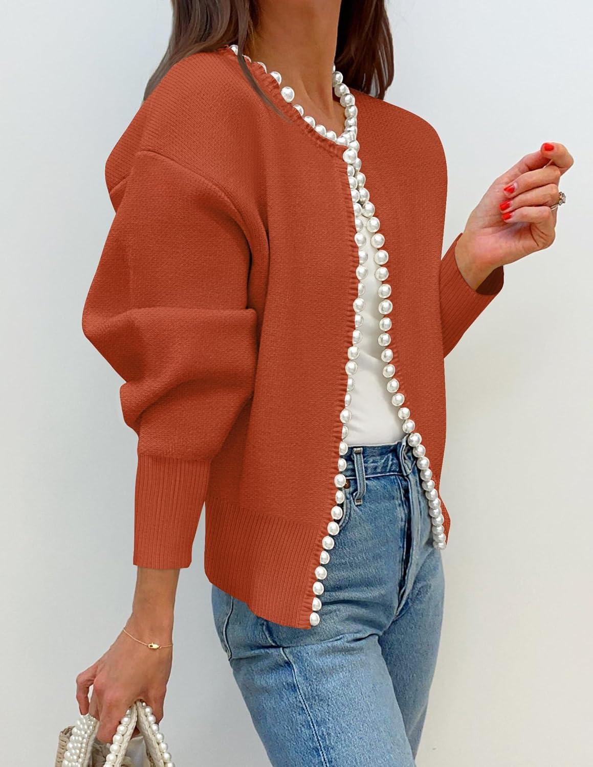 imageZESICA Womens Open Front Cardigan Sweater 2026 Spring Casual Knitted Long Sleeve Pearls Trim Outerwear Coat Trendy ClothesRust