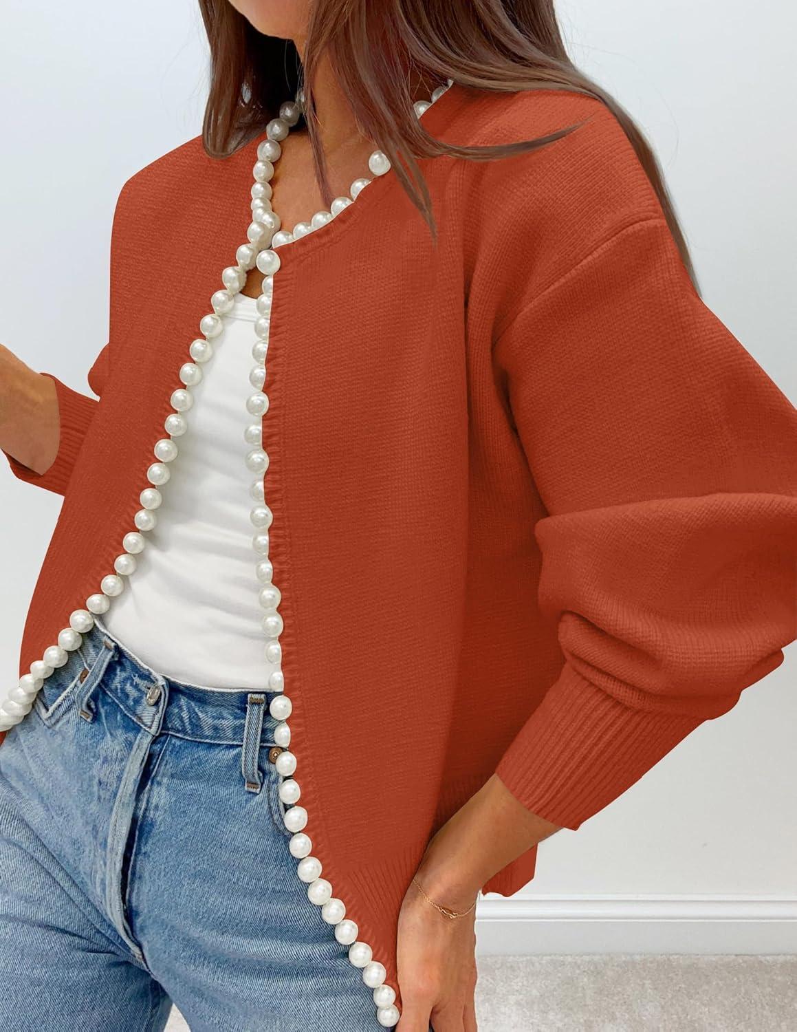 imageZESICA Womens Open Front Cardigan Sweater 2026 Spring Casual Knitted Long Sleeve Pearls Trim Outerwear Coat Trendy ClothesRust