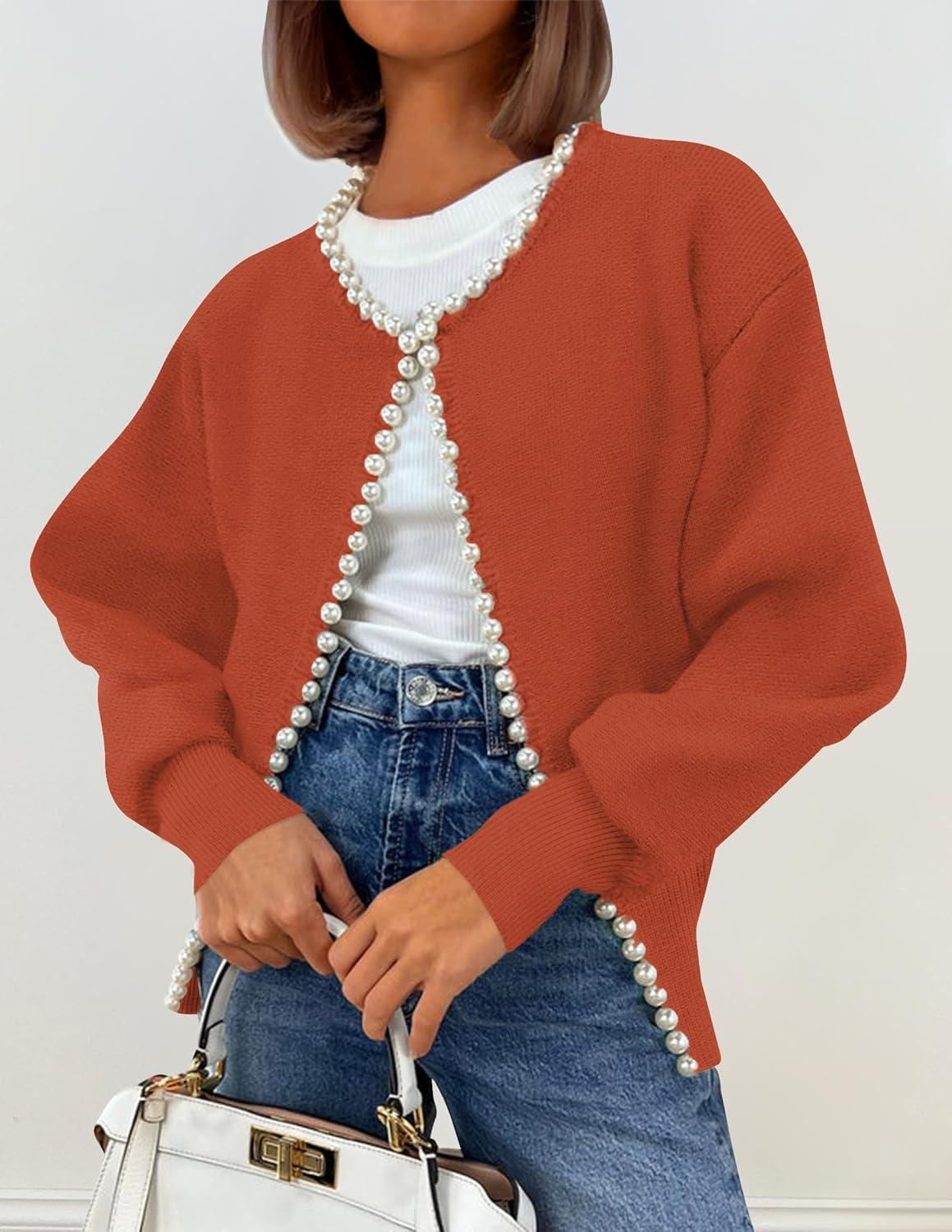 imageZESICA Womens Open Front Cardigan Sweater 2026 Spring Casual Knitted Long Sleeve Pearls Trim Outerwear Coat Trendy ClothesRust