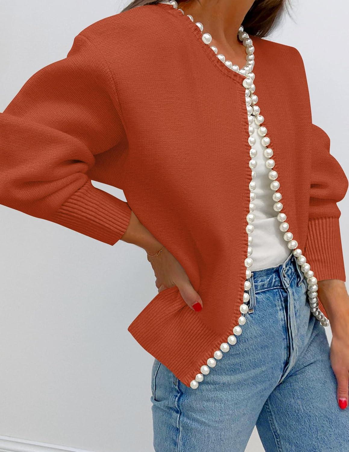 imageZESICA Womens Open Front Cardigan Sweater 2026 Spring Casual Knitted Long Sleeve Pearls Trim Outerwear Coat Trendy ClothesRust