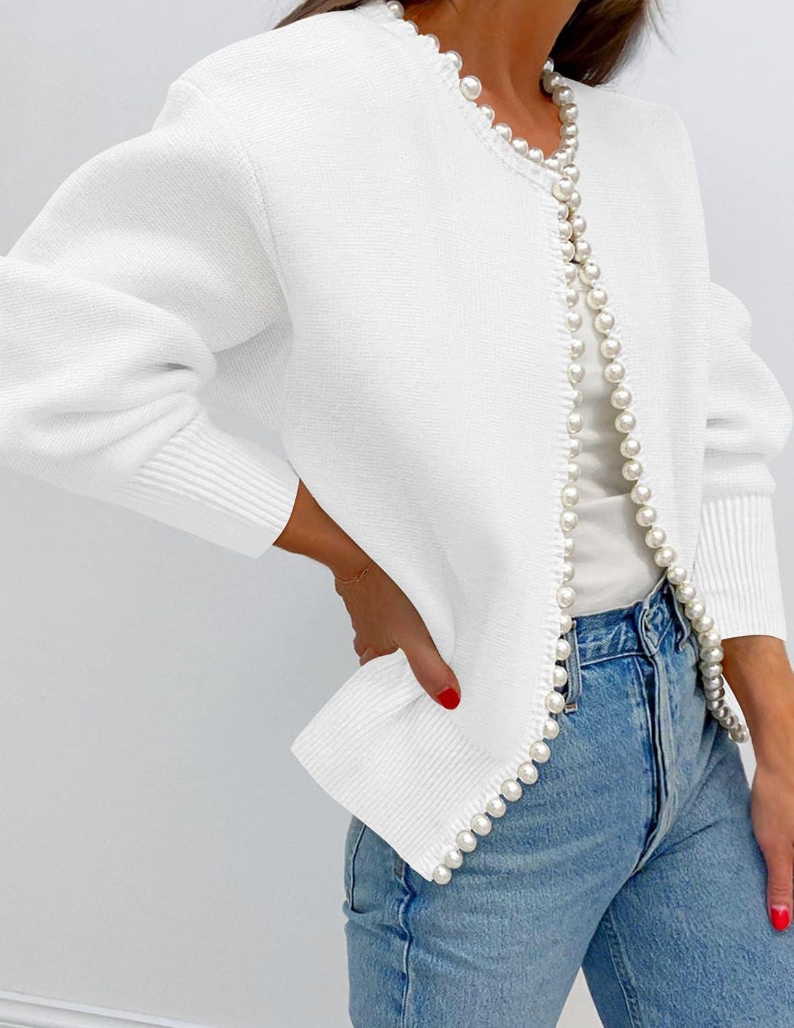 imageZESICA Womens Open Front Cardigan Sweater 2026 Spring Casual Knitted Long Sleeve Pearls Trim Outerwear Coat Trendy ClothesWhite
