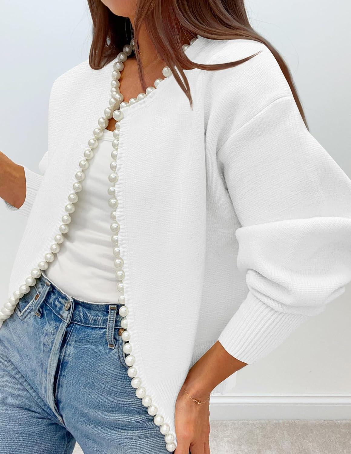 imageZESICA Womens Open Front Cardigan Sweater 2026 Spring Casual Knitted Long Sleeve Pearls Trim Outerwear Coat Trendy ClothesWhite