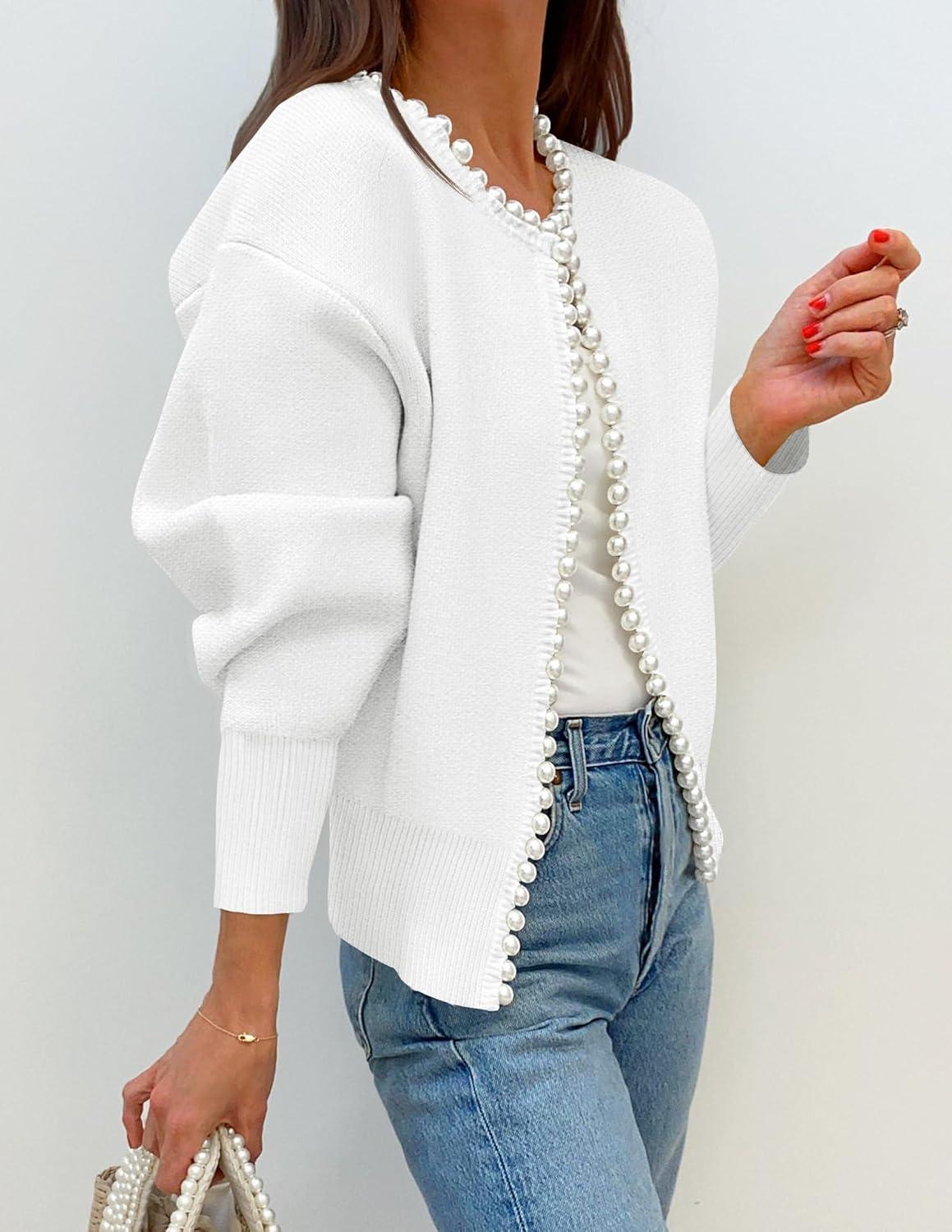 imageZESICA Womens Open Front Cardigan Sweater 2026 Spring Casual Knitted Long Sleeve Pearls Trim Outerwear Coat Trendy ClothesWhite
