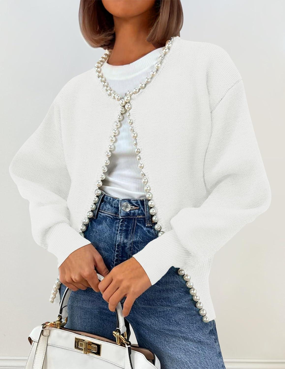 imageZESICA Womens Open Front Cardigan Sweater 2026 Spring Casual Knitted Long Sleeve Pearls Trim Outerwear Coat Trendy ClothesWhite