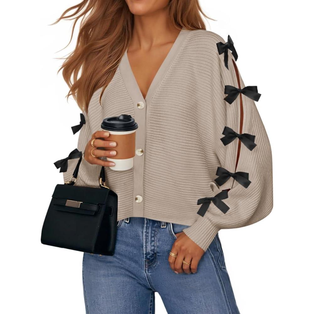 imageZESICA Fall Bow Cardigans for Women Trendy 2026 Casual Long Sleeve Button V Neck Knit Sweater Outerwear CoatsSand