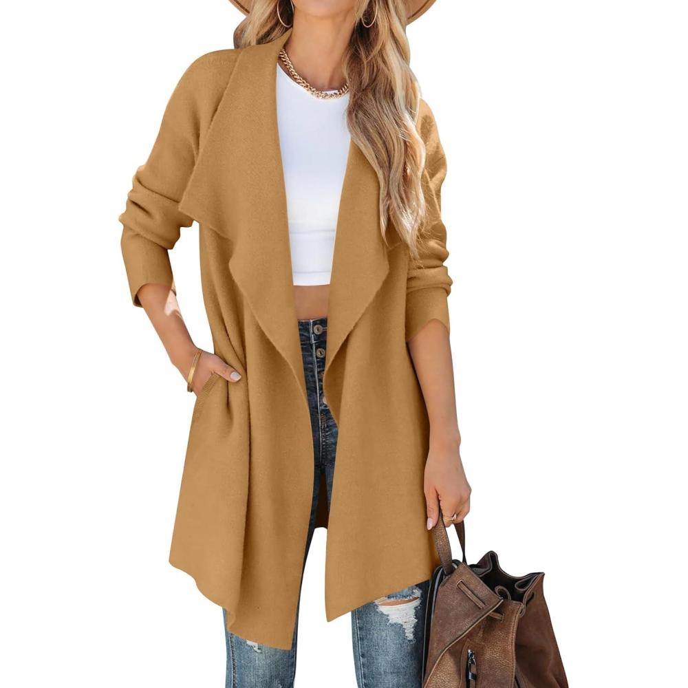 imageZESICA Womens Casual Lapel Cardigan Long Sleeve Open Front Irregular Hem Soft Knitted Sweater Coat with PocketsKhaki