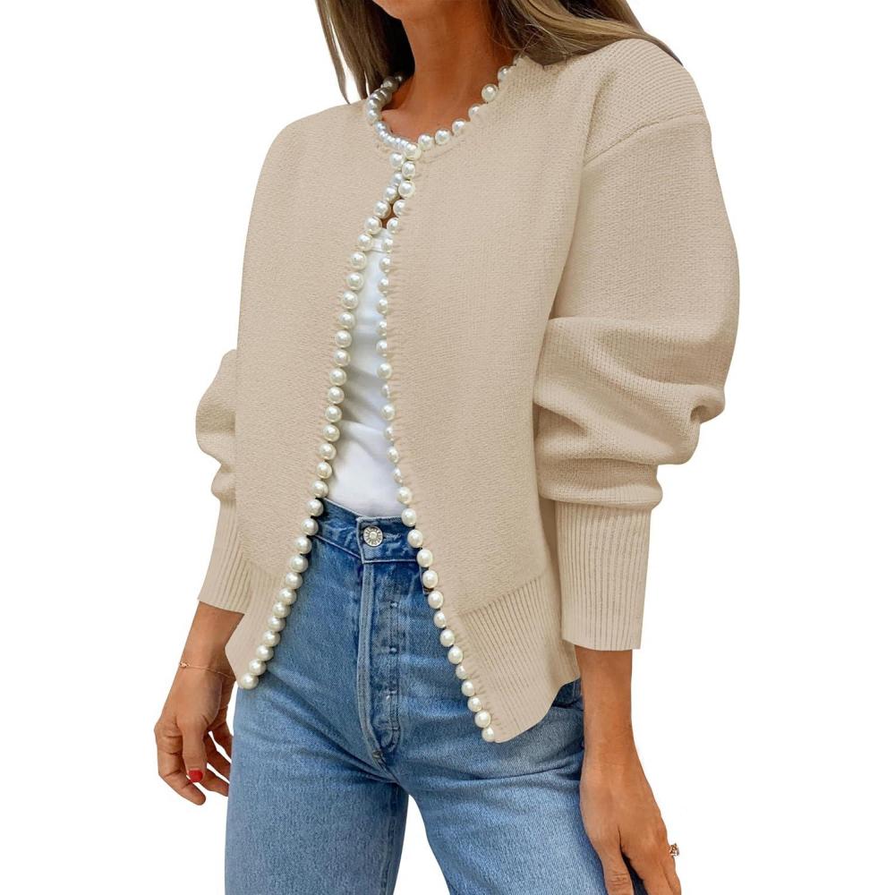 imageZESICA Womens Open Front Cardigan Sweater 2026 Spring Casual Knitted Long Sleeve Pearls Trim Outerwear Coat Trendy ClothesApricot