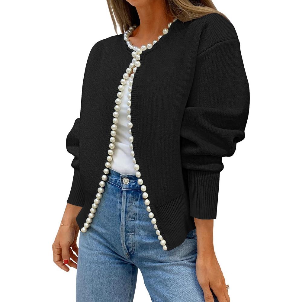 imageZESICA Womens Open Front Cardigan Sweater 2026 Spring Casual Knitted Long Sleeve Pearls Trim Outerwear Coat Trendy ClothesBlack