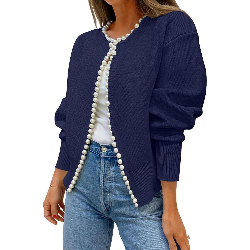 imageZESICA Womens Open Front Cardigan Sweater 2026 Spring Casual Knitted Long Sleeve Pearls Trim Outerwear Coat Trendy ClothesDark Purple