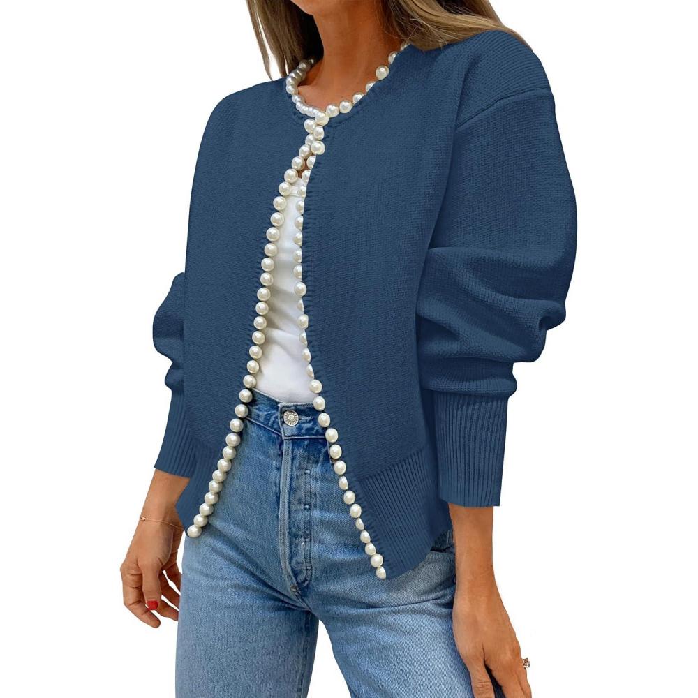 imageZESICA Womens Open Front Cardigan Sweater 2026 Spring Casual Knitted Long Sleeve Pearls Trim Outerwear Coat Trendy ClothesDarkblue