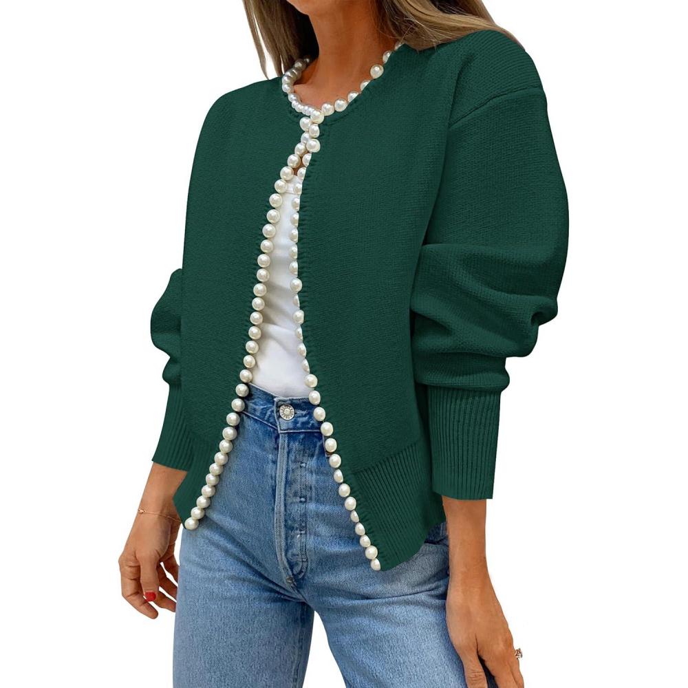 imageZESICA Womens Open Front Cardigan Sweater 2026 Spring Casual Knitted Long Sleeve Pearls Trim Outerwear Coat Trendy ClothesDarkgreen