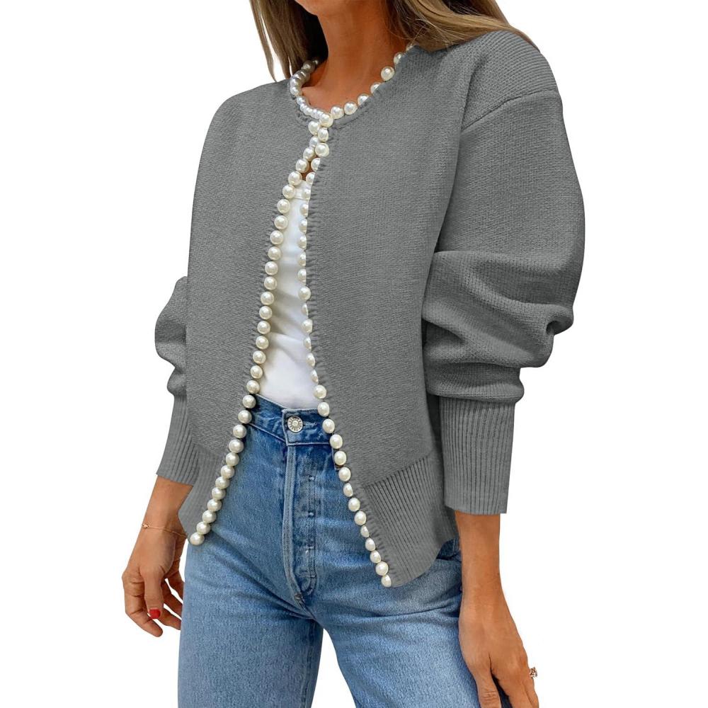 imageZESICA Womens Open Front Cardigan Sweater 2026 Spring Casual Knitted Long Sleeve Pearls Trim Outerwear Coat Trendy ClothesGrey