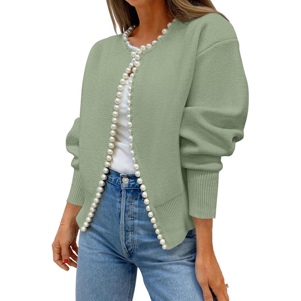 imageZESICA Womens Open Front Cardigan Sweater 2026 Spring Casual Knitted Long Sleeve Pearls Trim Outerwear Coat Trendy ClothesPea Green
