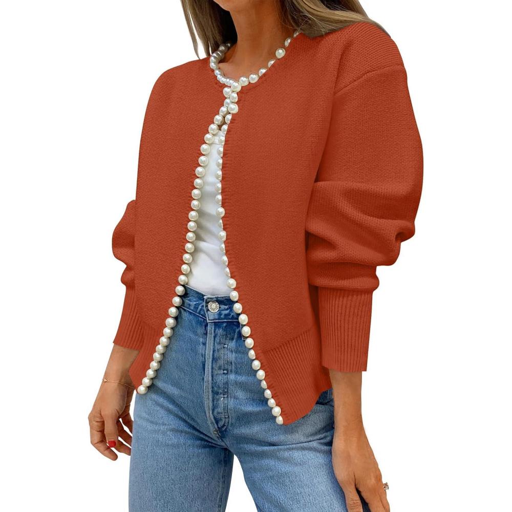 imageZESICA Womens Open Front Cardigan Sweater 2026 Spring Casual Knitted Long Sleeve Pearls Trim Outerwear Coat Trendy ClothesRust