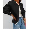 ZESICA Women’s Open Front Cardigan Sweater 2026 Spring Casual Knitted Long Sleeve Pearls Trim Outerwear Coat Trendy Clothes(Black)