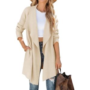 ZESICA Women’s Casual Lapel Cardigan Long Sleeve Open Front Irregular Hem Soft Knitted Sweater Coat with Pockets(Beige)