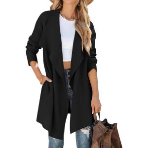 ZESICA Women’s Casual Lapel Cardigan Long Sleeve Open Front Irregular Hem Soft Knitted Sweater Coat with Pockets(Black)