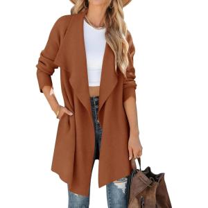 ZESICA Women’s Casual Lapel Cardigan Long Sleeve Open Front Irregular Hem Soft Knitted Sweater Coat with Pockets(Caramel)