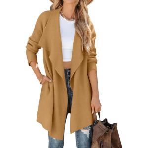 ZESICA Women’s Casual Lapel Cardigan Long Sleeve Open Front Irregular Hem Soft Knitted Sweater Coat with Pockets(Khaki)