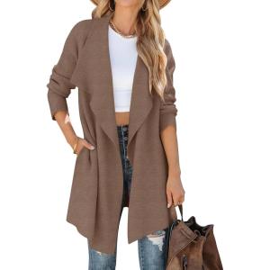 ZESICA Women’s Casual Lapel Cardigan Long Sleeve Open Front Irregular Hem Soft Knitted Sweater Coat with Pockets(Mocha)