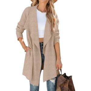 ZESICA Women’s Casual Lapel Cardigan Long Sleeve Open Front Irregular Hem Soft Knitted Sweater Coat with Pockets(Oats)
