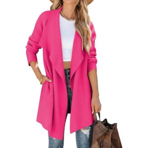 ZESICA Women’s Casual Lapel Cardigan Long Sleeve Open Front Irregular Hem Soft Knitted Sweater Coat with Pockets(Rose)