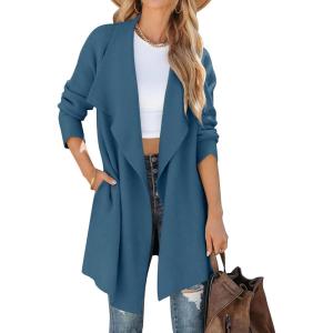 ZESICA Women’s Casual Lapel Cardigan Long Sleeve Open Front Irregular Hem Soft Knitted Sweater Coat with Pockets(Royalblue)