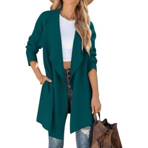 ZESICA Women’s Casual Lapel Cardigan Long Sleeve Open Front Irregular Hem Soft Knitted Sweater Coat with Pockets(Tealgreen)