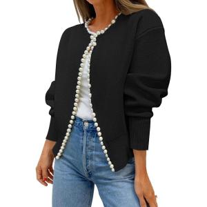 ZESICA Women’s Open Front Cardigan Sweater 2026 Spring Casual Knitted Long Sleeve Pearls Trim Outerwear Coat Trendy Clothes(Black)