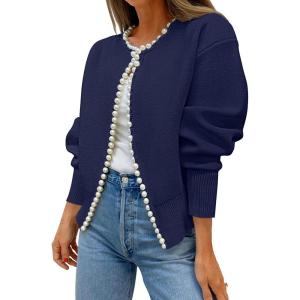 ZESICA Women’s Open Front Cardigan Sweater 2026 Spring Casual Knitted Long Sleeve Pearls Trim Outerwear Coat Trendy Clothes(Dark Purple)