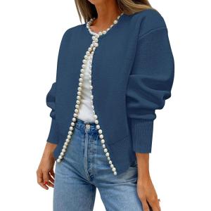 ZESICA Women’s Open Front Cardigan Sweater 2026 Spring Casual Knitted Long Sleeve Pearls Trim Outerwear Coat Trendy Clothes(Darkblue)