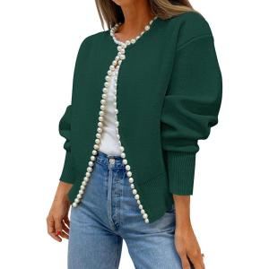 ZESICA Women’s Open Front Cardigan Sweater 2026 Spring Casual Knitted Long Sleeve Pearls Trim Outerwear Coat Trendy Clothes(Darkgreen)