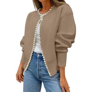 ZESICA Women’s Open Front Cardigan Sweater 2026 Spring Casual Knitted Long Sleeve Pearls Trim Outerwear Coat Trendy Clothes(Khaki)