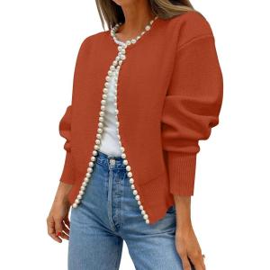 ZESICA Women’s Open Front Cardigan Sweater 2026 Spring Casual Knitted Long Sleeve Pearls Trim Outerwear Coat Trendy Clothes(Rust)