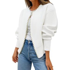 ZESICA Women’s Open Front Cardigan Sweater 2026 Spring Casual Knitted Long Sleeve Pearls Trim Outerwear Coat Trendy Clothes(White)