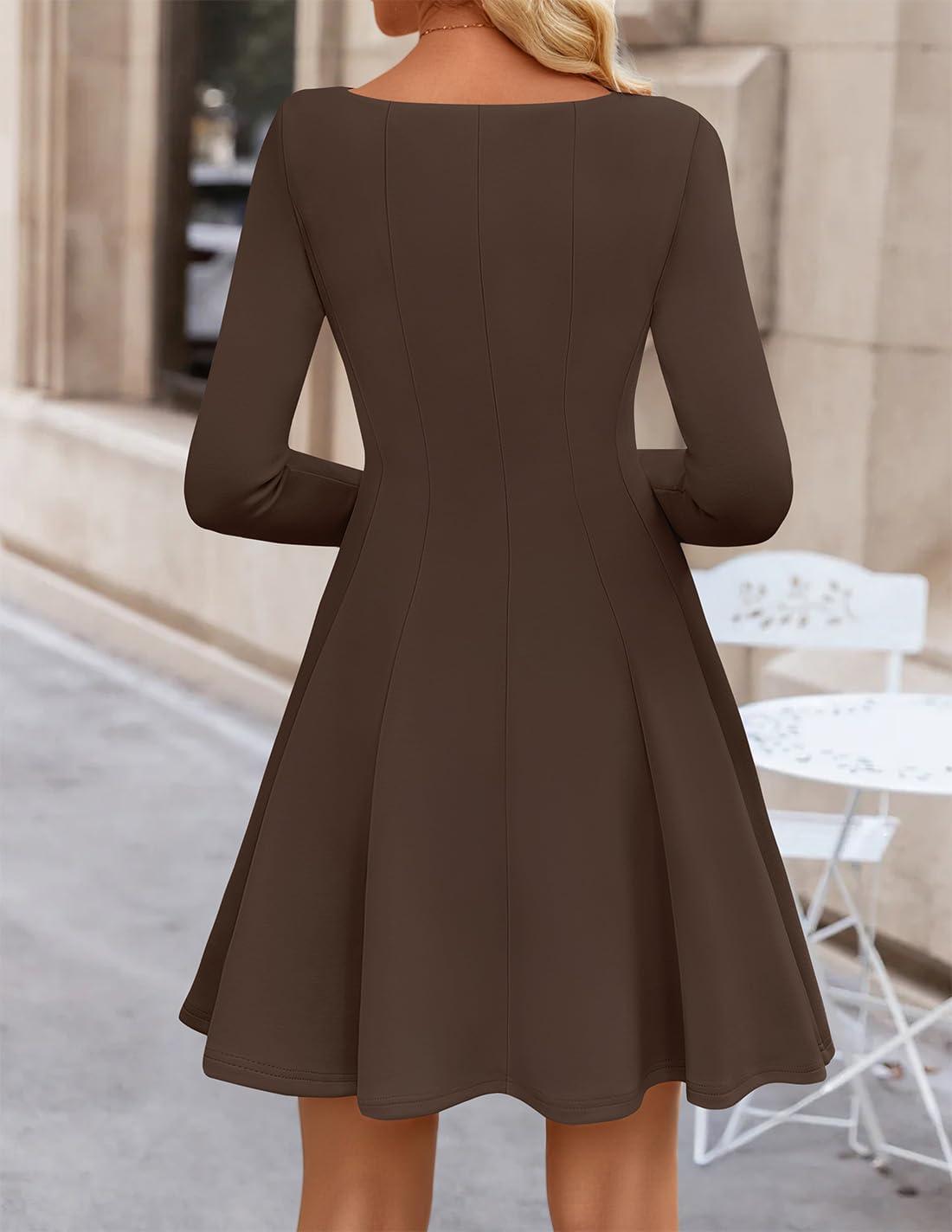 imageZESICA Womens Long Sleeve Mini Dress 2026 Fall Crewneck Pleated Babydoll A Line Flowy Wedding Party Short DressesBrown