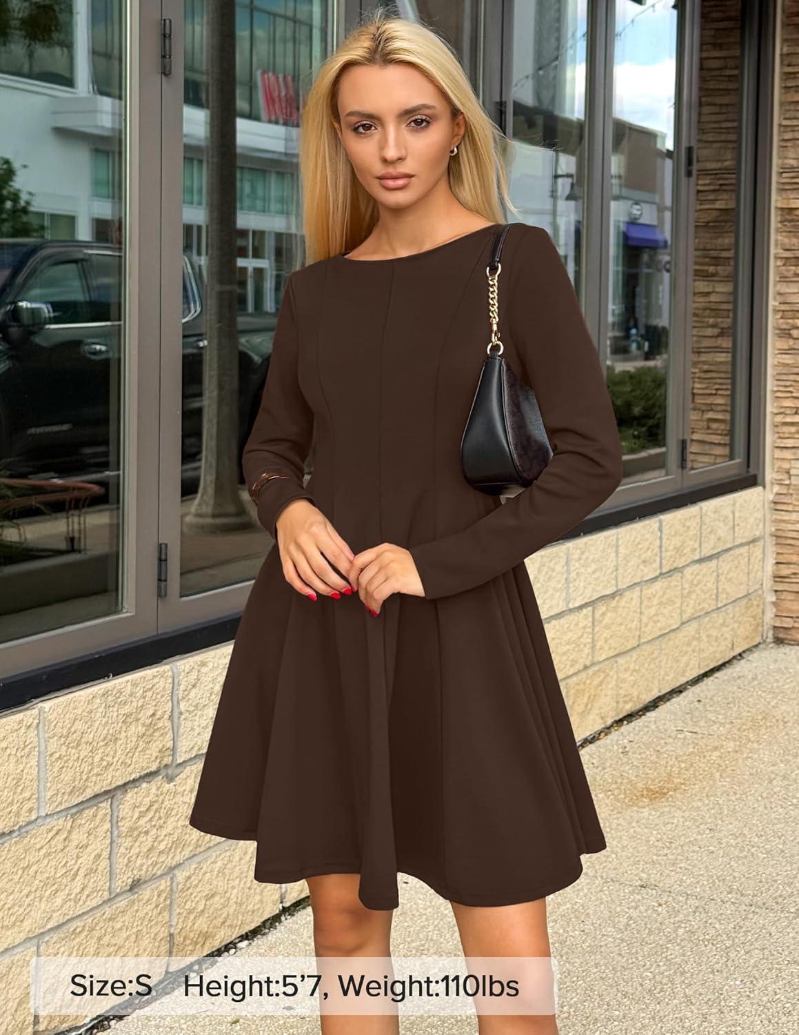 imageZESICA Womens Long Sleeve Mini Dress 2026 Fall Crewneck Pleated Babydoll A Line Flowy Wedding Party Short DressesBrown