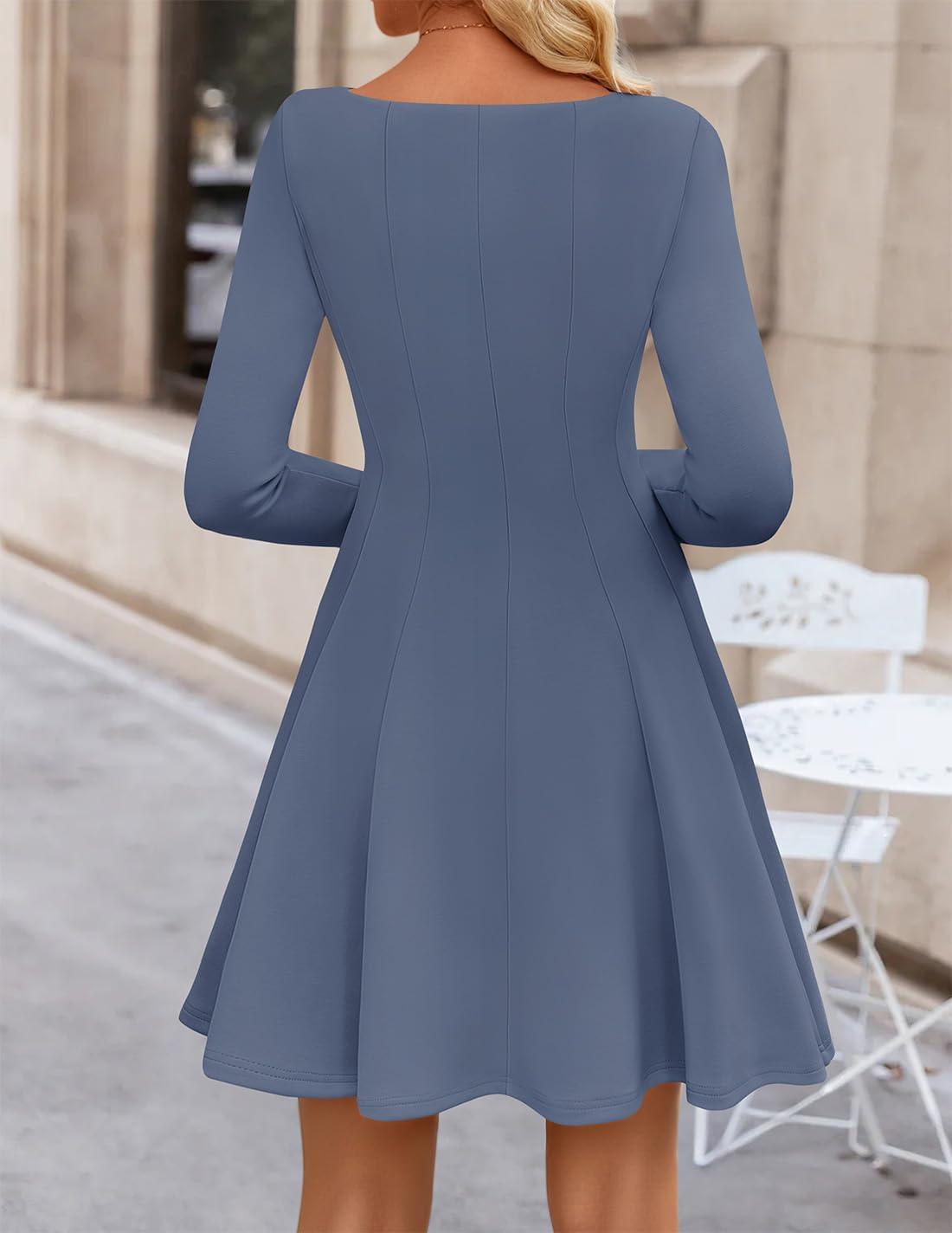 imageZESICA Womens Long Sleeve Mini Dress 2026 Fall Crewneck Pleated Babydoll A Line Flowy Wedding Party Short DressesDustyblue