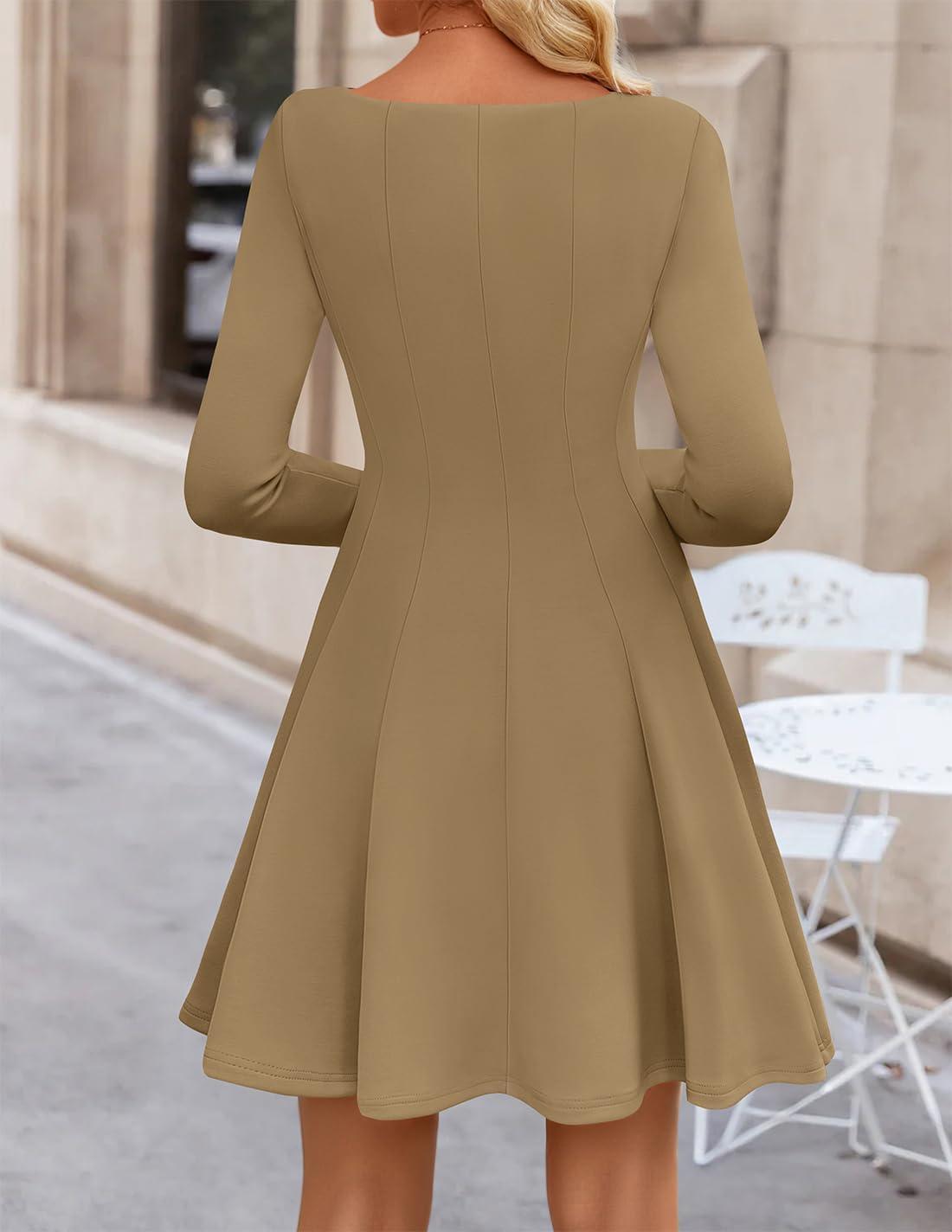 imageZESICA Womens Long Sleeve Mini Dress 2026 Fall Crewneck Pleated Babydoll A Line Flowy Wedding Party Short DressesKhaki