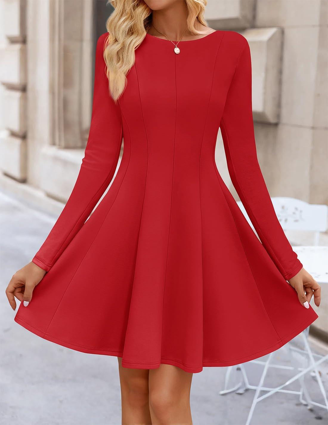 imageZESICA Womens Long Sleeve Mini Dress 2026 Fall Crewneck Pleated Babydoll A Line Flowy Wedding Party Short DressesRed
