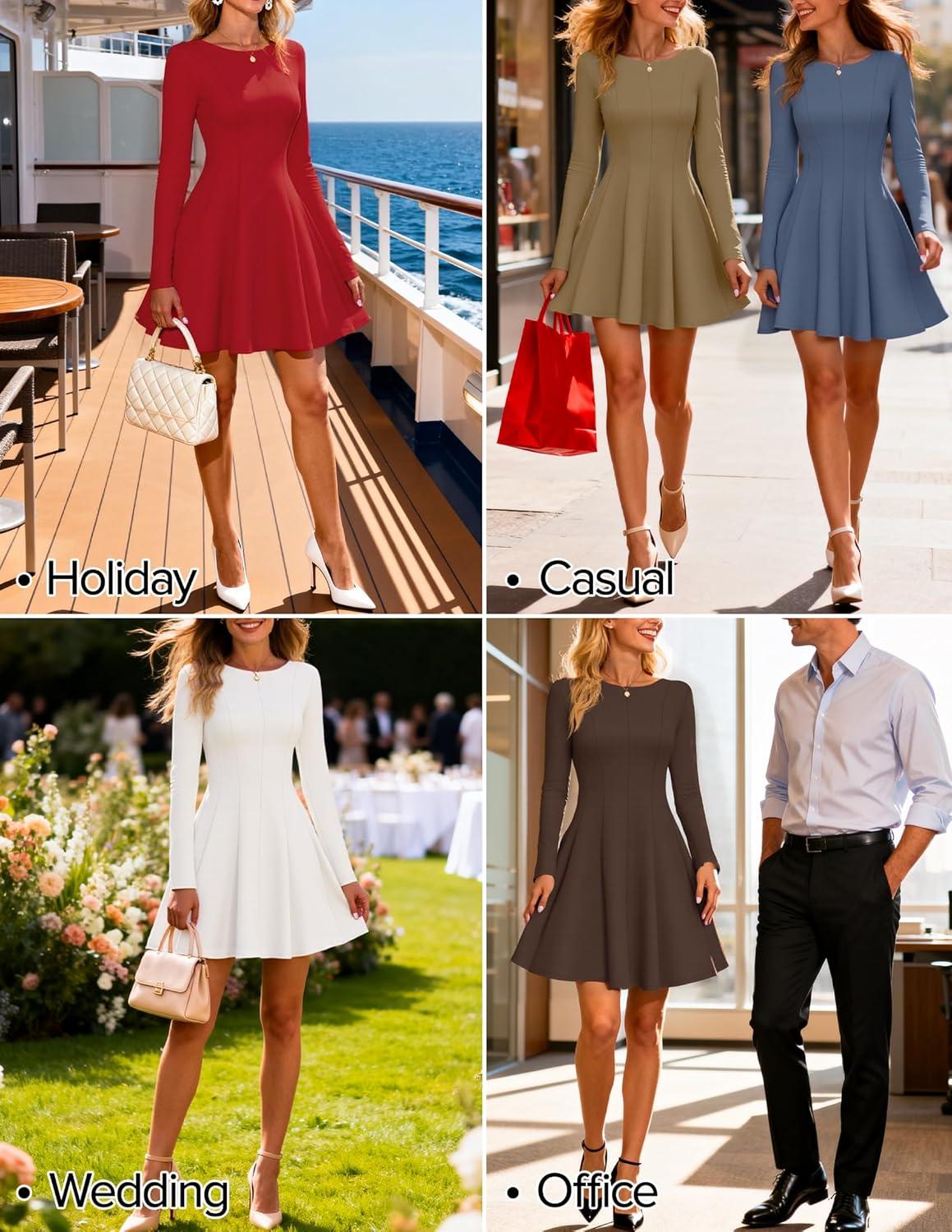 imageZESICA Womens Long Sleeve Mini Dress 2026 Fall Crewneck Pleated Babydoll A Line Flowy Wedding Party Short DressesRed