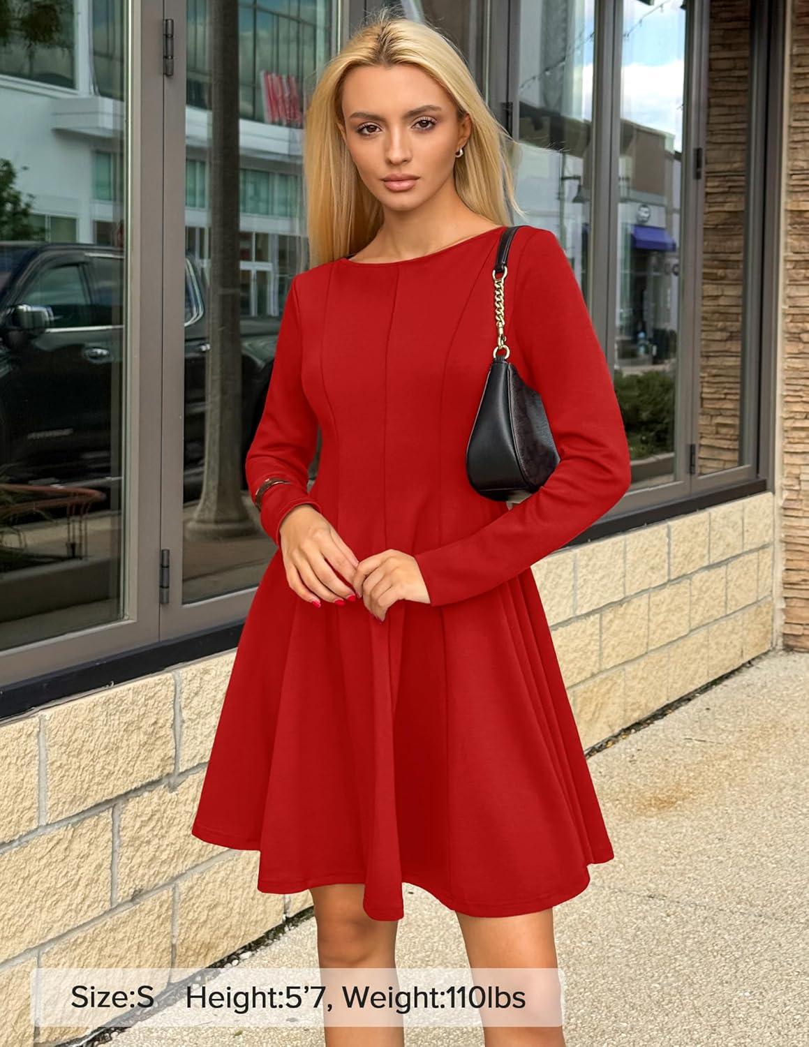 imageZESICA Womens Long Sleeve Mini Dress 2026 Fall Crewneck Pleated Babydoll A Line Flowy Wedding Party Short DressesRed