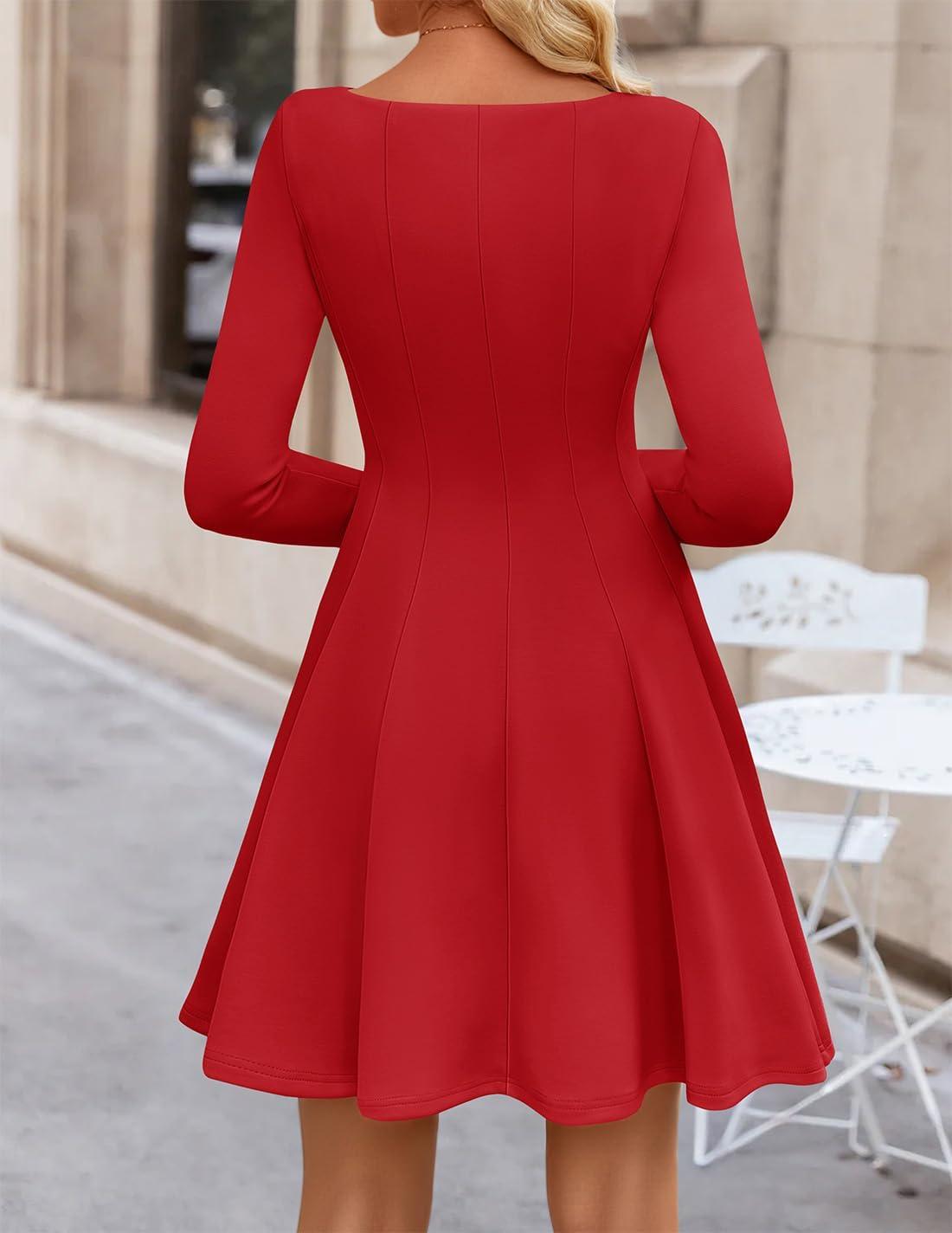 imageZESICA Womens Long Sleeve Mini Dress 2026 Fall Crewneck Pleated Babydoll A Line Flowy Wedding Party Short DressesRed