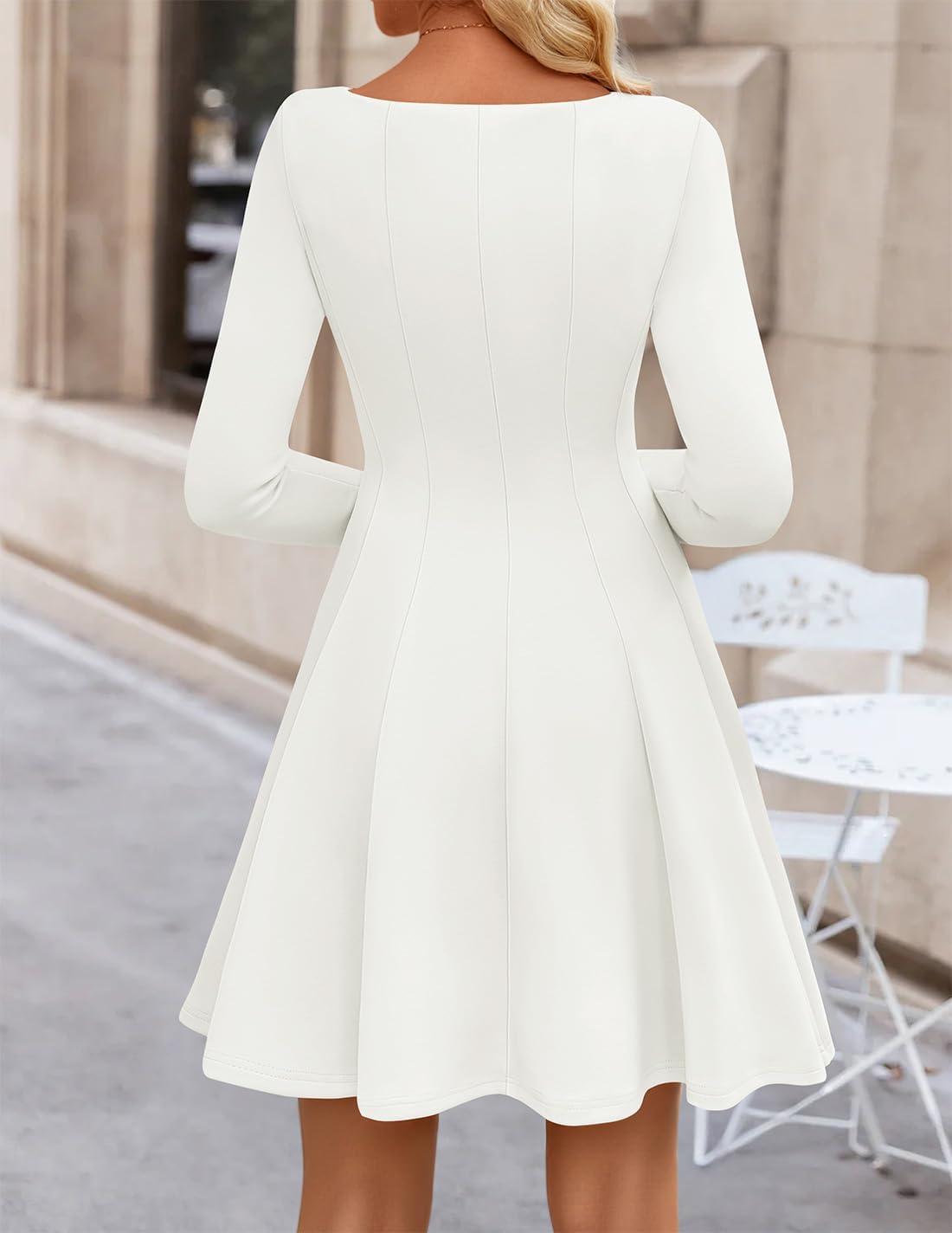 imageZESICA Womens Long Sleeve Mini Dress 2026 Fall Crewneck Pleated Babydoll A Line Flowy Wedding Party Short DressesWhite
