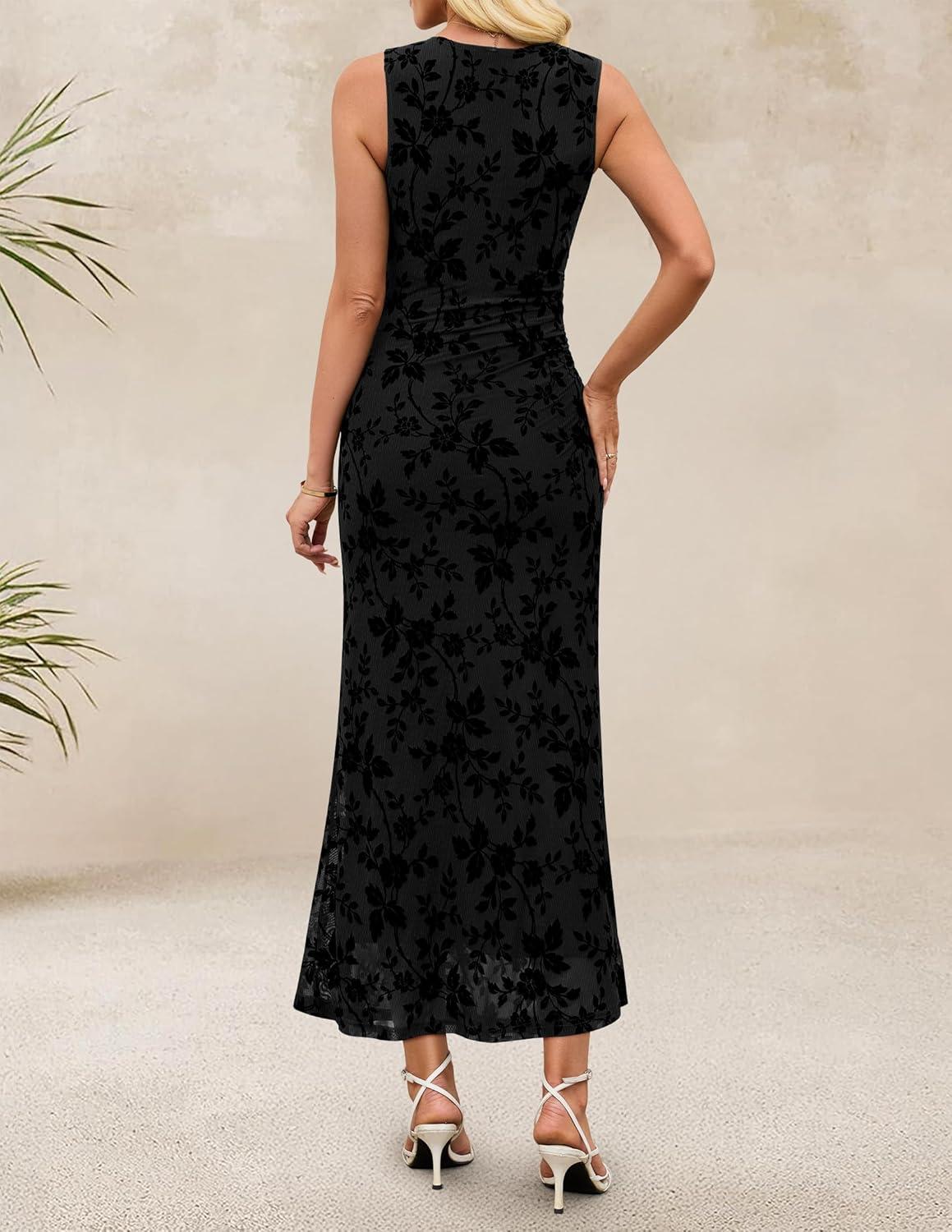 imageZESICA Womens Sleeveless Floral Bodycon Maxi Dress 2026 Summer Ruched Mesh Wedding Guest Cocktail Party DressesBlack