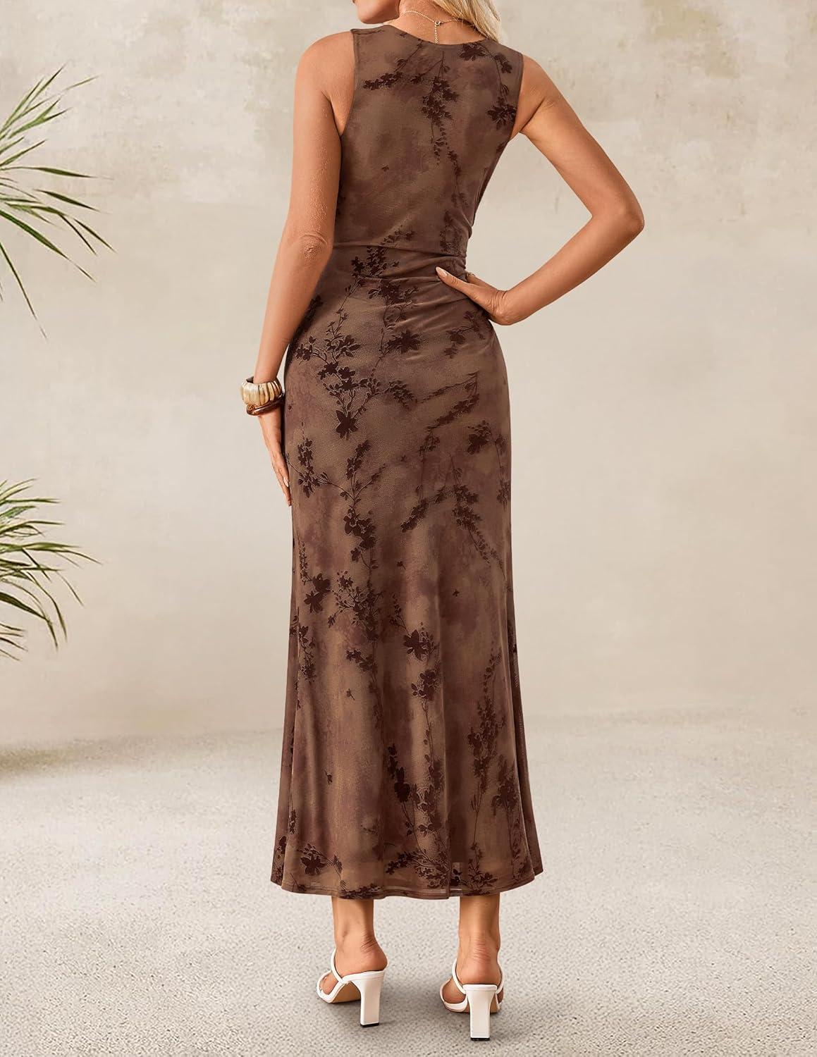 imageZESICA Womens Sleeveless Floral Bodycon Maxi Dress 2026 Summer Ruched Mesh Wedding Guest Cocktail Party DressesBrown